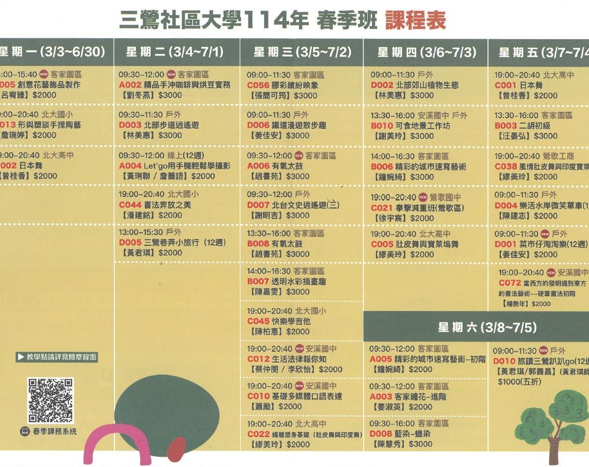 三鶯社區大約114年 春季班 課程表